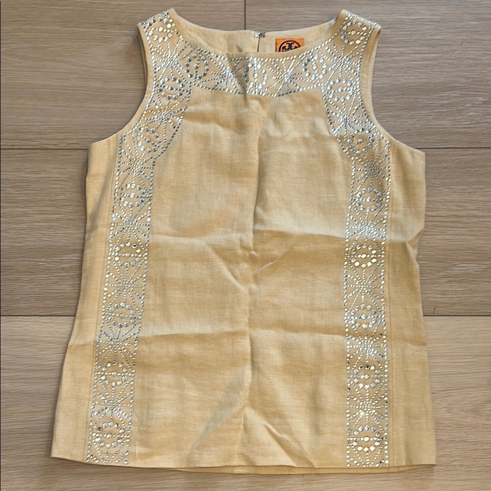 Tory Burch - Rhinestone Linen Sleeveless Top